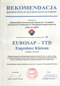 Rekomendacja kompetencji technicznych firmy EUROSAP-LTD udzielona przez POLALARM
